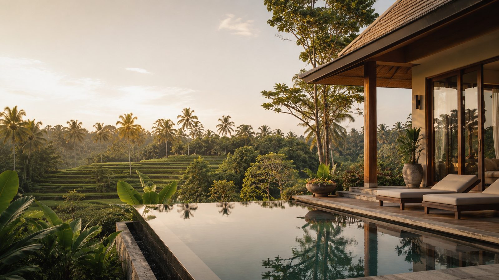 A Bali villa with a pool overlooking rice fields