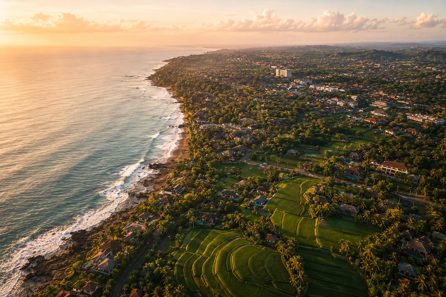 Aerial view of Bali coastline with villas and rice fields