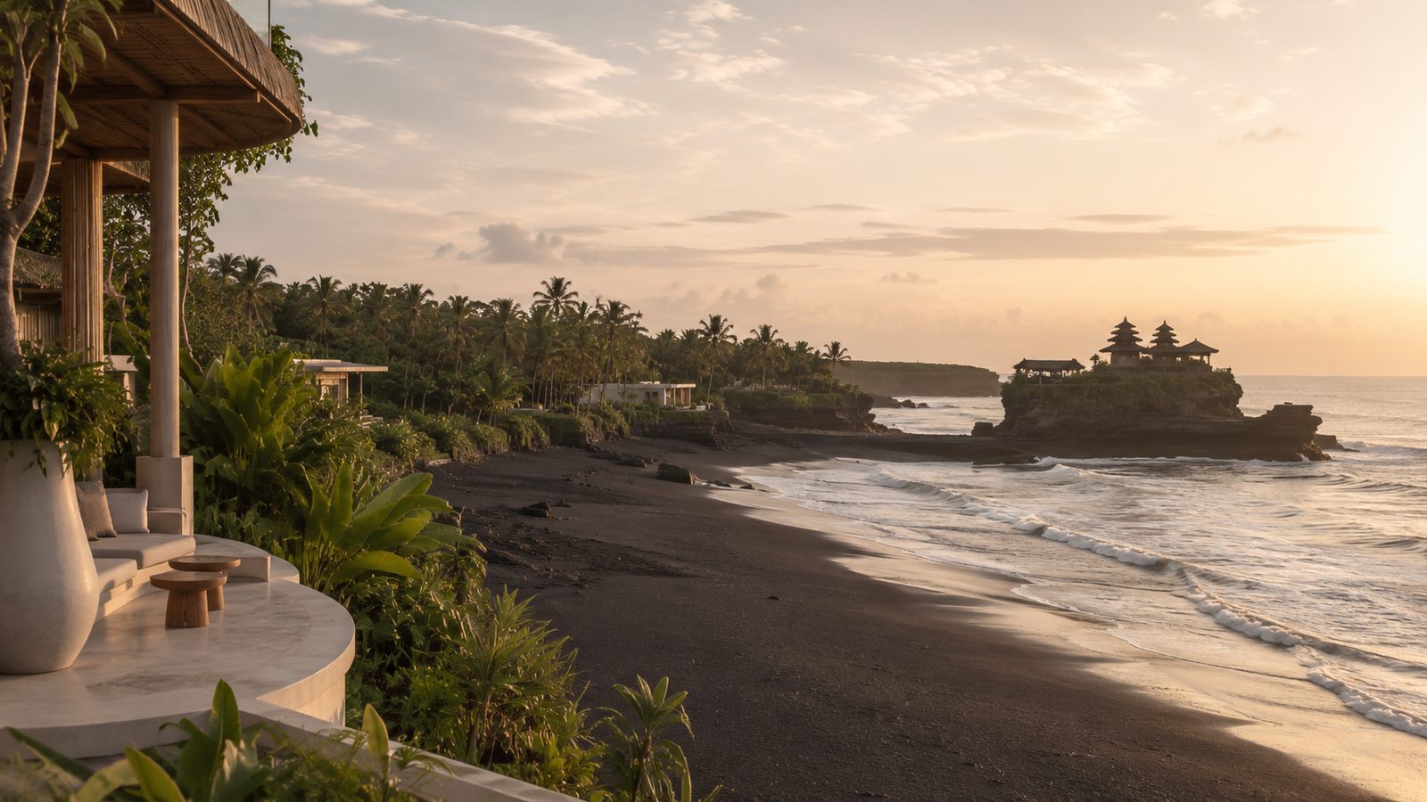 Black sand beach in Nyanyi with a clifftop temple at sunset