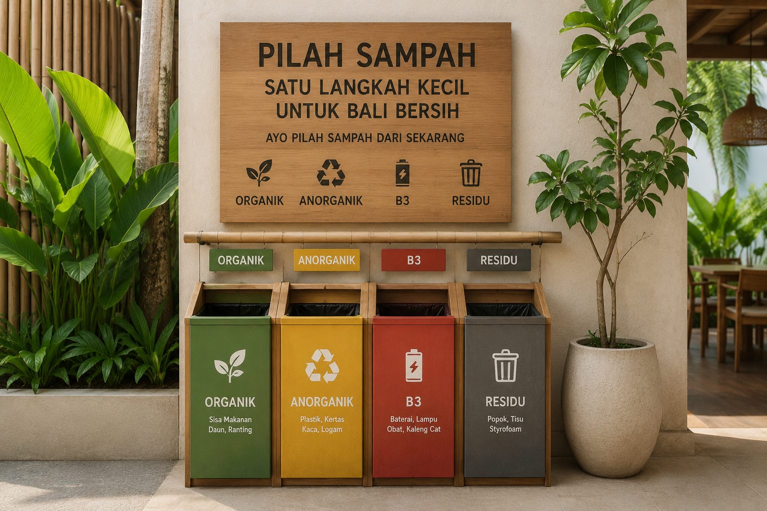 Colour-coded waste sorting bins in Bali