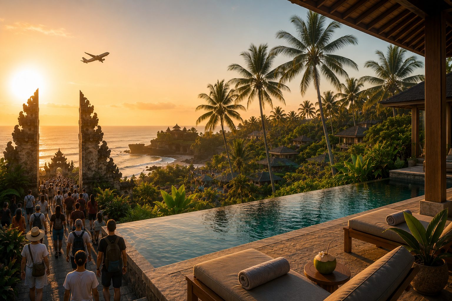 Letadlo přilétá nad Bali při západu slunce, vila s bazénem