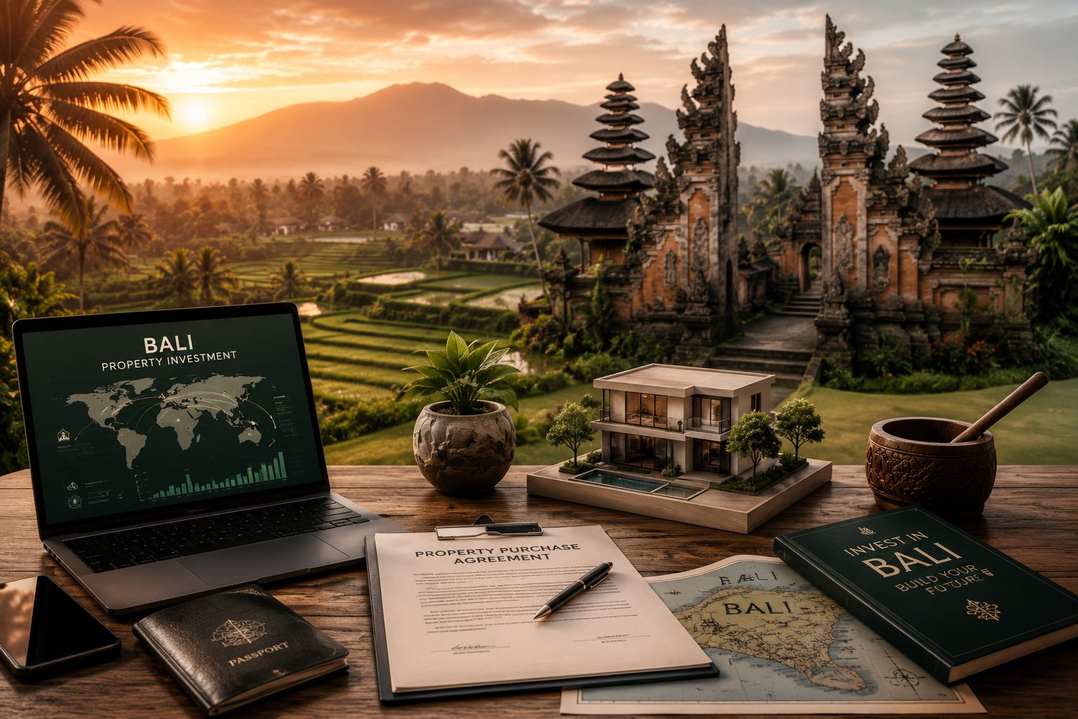 Investice do nemovitosti na Bali — laptop, smlouva a dokumenty